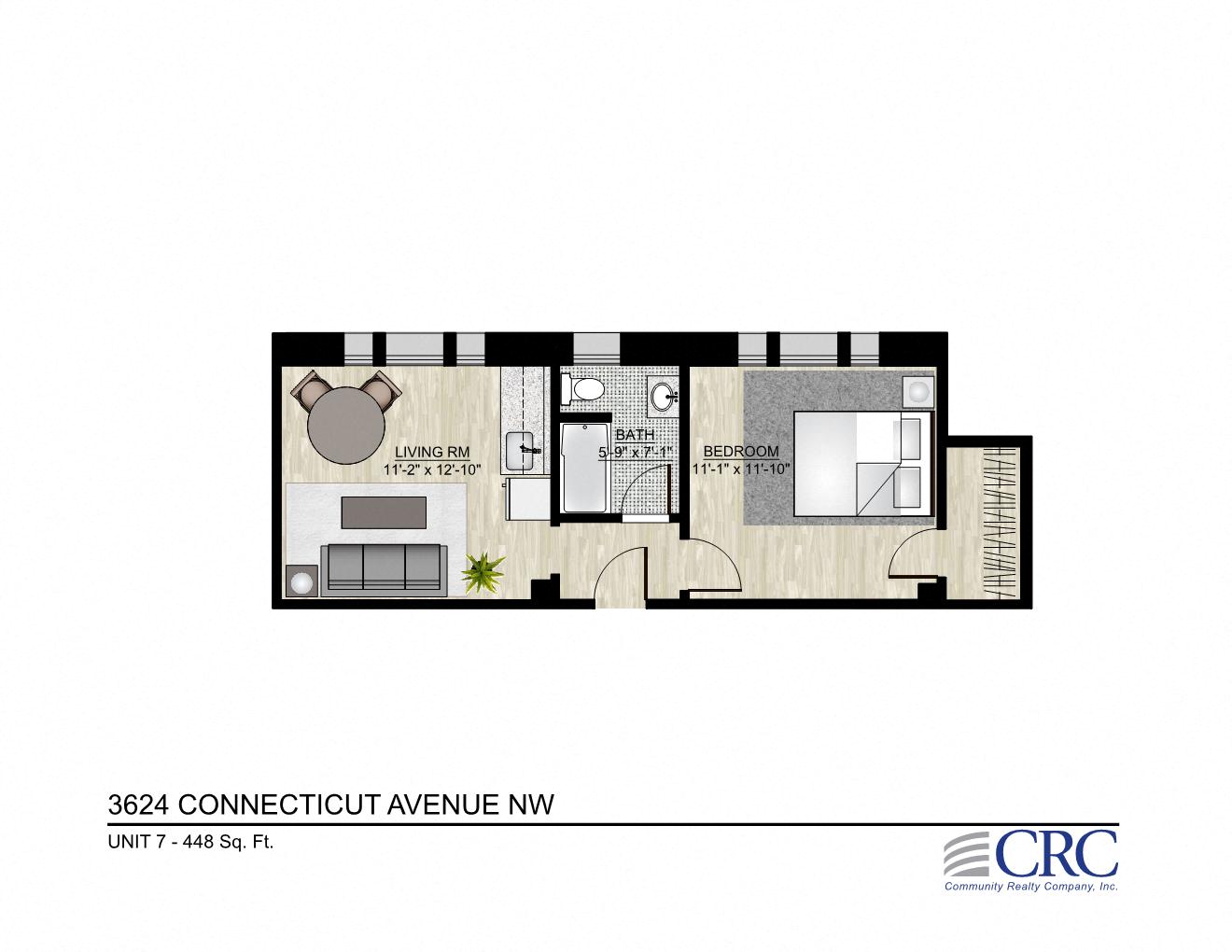 Floor plan for 1 bed, 1 bath, 448 sqft